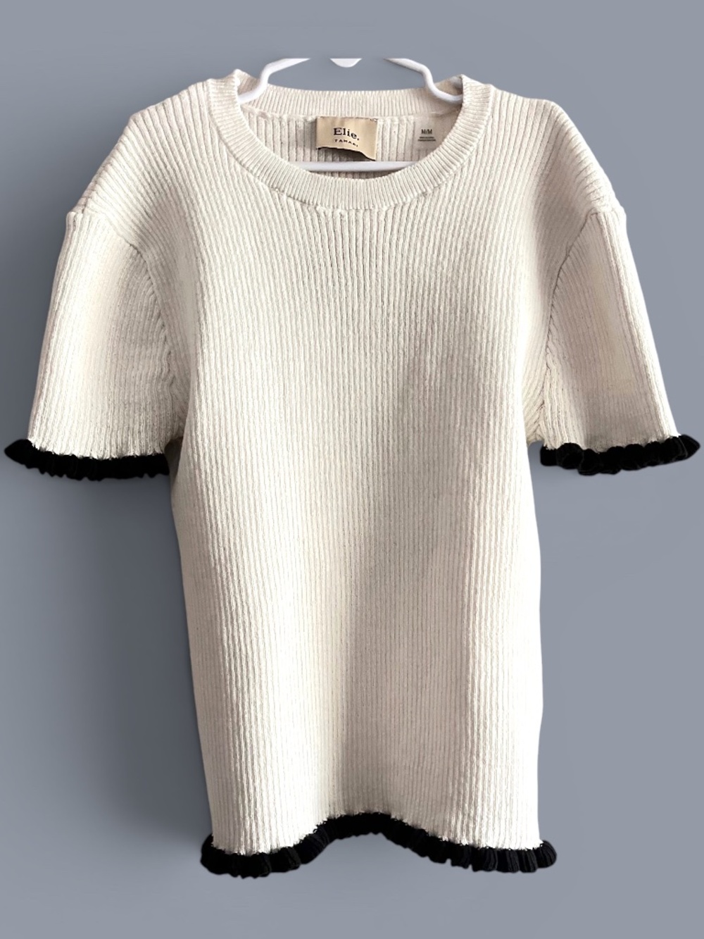 Elie Elie Tahari Black Tipped Ribbed Short Sleeve Ivory Sweater Size M
